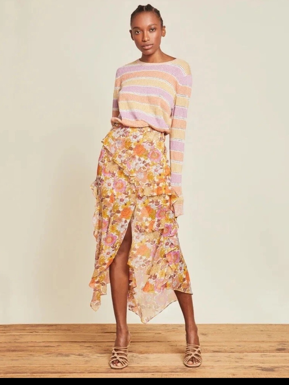 Veronica beard Elenora silk layered floral ruffle midi skirt sz 4